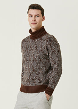Kahverengi Balıkçı Yaka Jakarlı Yün Kazak