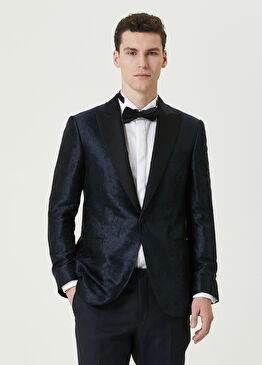 Lacivert Etnik Desenli İpek Ceket