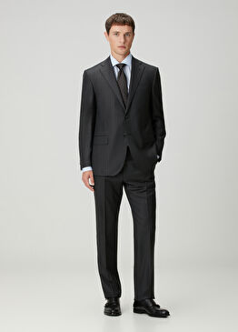 Koyu Mavi Çizgi Desenli Yün Takım Elbise