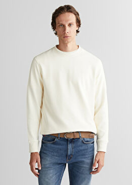 Krem Bisiklet Yaka Erkek Sweatshirt