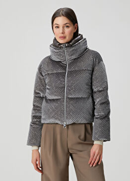 Gri İşlemeli Puffer Mont