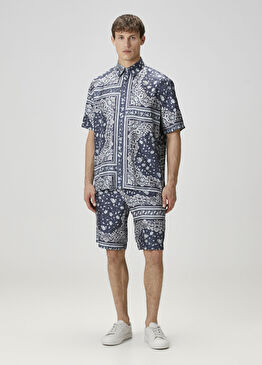 Lacivert Etnik Desenli İpek Bermuda