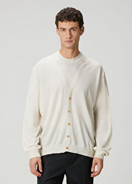 Kırık Beyaz Logo Detaylı Yün Triko Hırka