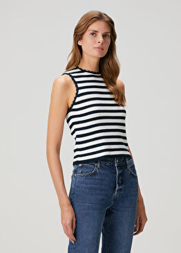 Mirtes Lacivert Beyaz Çizgili Crop Kroşe Atlet