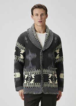 Gri Etnik Desen Jakarlı Yün Triko Hırka
