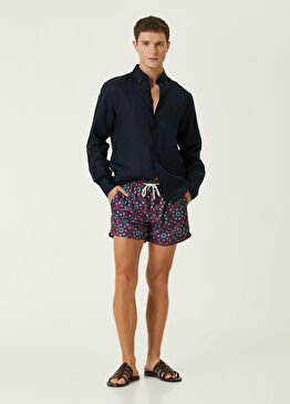 Bordo Beli Kordonlu Geometrik Desenli Şort