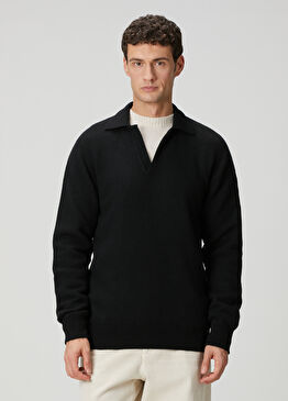 Siyah Polo Yaka Yün Triko