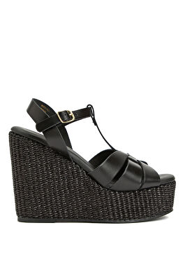 Siyah Hasır Detaylı Kadın Deri Sandalet