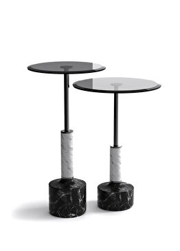 Lope Füme Cam Tablalı Mermer Ayaklı 2'li Yan Sehpa Seti