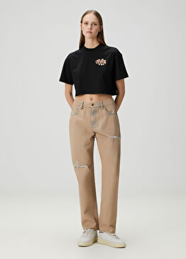 Bej Yıpratmalı Jean Pantolon