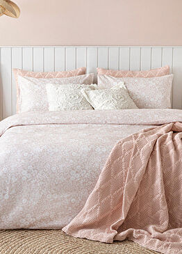 Dahlıa Baskılı Pudra Ekru Pamuk Keten King Size Nevresim Seti 230 x 220 cm