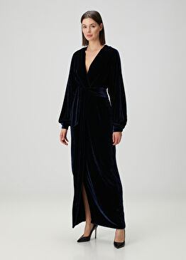 Lacivert Maksi Kadife Abiye Elbise