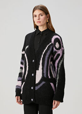 Pembe Siyah Jakarlı Yün Hırka