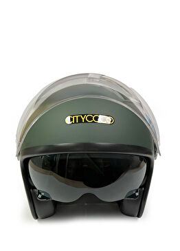 Vintage Stil Çift Vizörlü Mat Yeşil Unisex Yarım Açık Motosiklet Kaskı