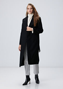 Siyah Kaşmir Ve Yün Karışımlı Palto