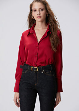 Kırmızı Geniş Manşetli Saten Gömlek