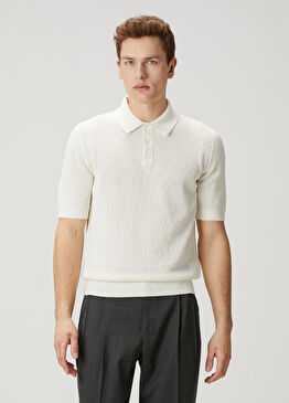 Beyaz Polo Yaka Ajur Dokulu Kısa Kollu Triko