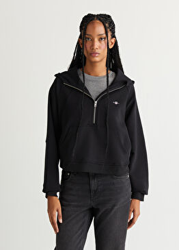 Siyah Kapüşonlu Kadın Fermuarlı Sweatshirt 