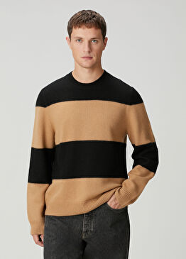 Kamel Bej Şerit Jakarlı Yün Kazak