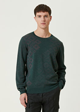 Yeşil Geometrik Jakarlı Yün Kazak