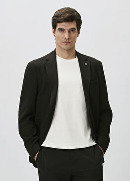 Slim Fit Siyah Mono Yaka Gofreli Örme Ceket