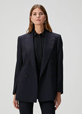 Amedeo Lacivert Çizgili Yün Ceket