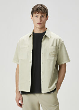 Bej Logo Nakışlı Kısa Kollu Dış Gömlek