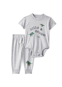 Gri Dinazor Desenli Çıt Çıtlı Body ve Pantolon Erkek Bebek 2'li Set