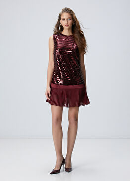 Vişne Payetli Mini Abiye Elbise