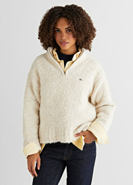 Krem Yarım Fermuarlı Relaxed Fit Kadın Triko