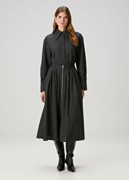 Nosika Koyu Gri Çizgili Midi Etek