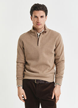 Bej Pamuklu Regular Fit Yarım Fermuarlı Erkek Sweatshirt