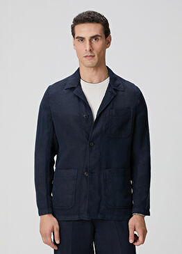 Lacivert Cep Detaylı Parça Boya Keten Dış Gömlek