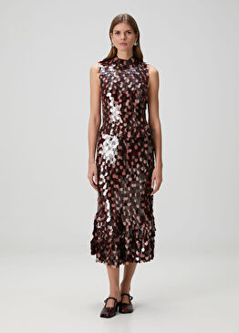 Bordo Payetli Midi Abiye Etek