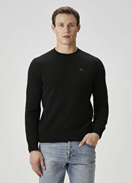 Siyah Logo Nakışlı Yün Kazak