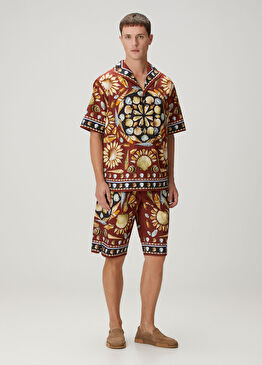 Bordo Beli Kordonlu Figür Desenli Bermuda