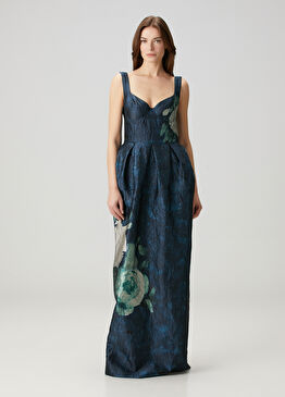 Koyu Mavi Çiçekli Maksi Abiye Elbise