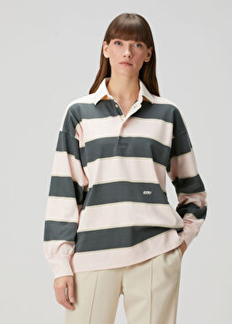 Krem Çizgili Polo Sweatshirt