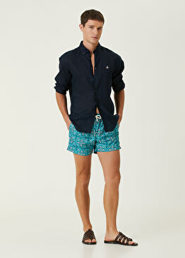 Turkuaz Beli Kordonlu Etnik Desenli Şort