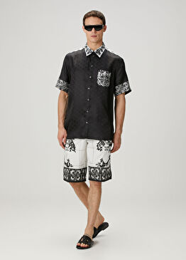 Siyah Beyaz Barok Desenli Bermuda