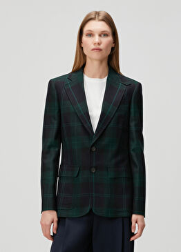 Lacivert Yeşil Ekose Desenli Yün Blazer