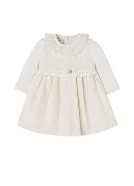 Krem Pamuklu Uzun Kollu Kız Bebek Elbise