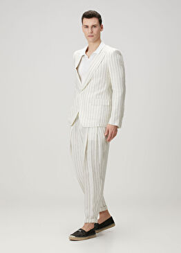 Beyaz Çizgi Desenli Keten Pantolon