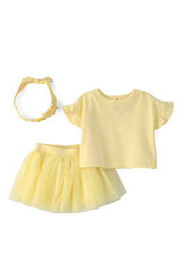 Sarı Kısa Kollu Body Tül Etek ve Bandana Kız Bebek 3'lü Set