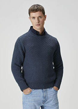 Mavi Örgü Dokulu Yün Kazak