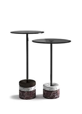 Polo Cam Tablalı Vişne Leylak Mermer Ayaklı 2'li Yan Sehpa Seti