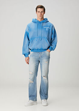Relaxed Fit Koyu Mavi Yıpratmalı Jean Pantolon