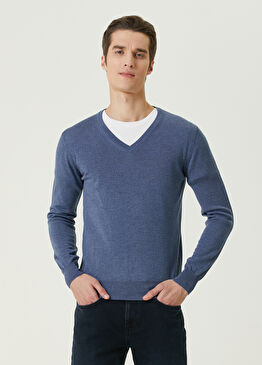 Açık Mavi V Yaka Yün Kazak