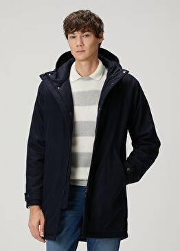 Lacivert Kapüşonlu Yün Kaban