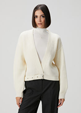 Kırık Beyaz Kemer Detaylı Yün Triko Hırka